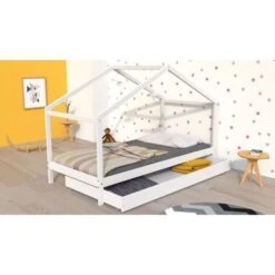Lit Cabane Enfant Avec Tiroir - Bois Pin Massif - Blanc - Sommier Inlcus - 90x190cm