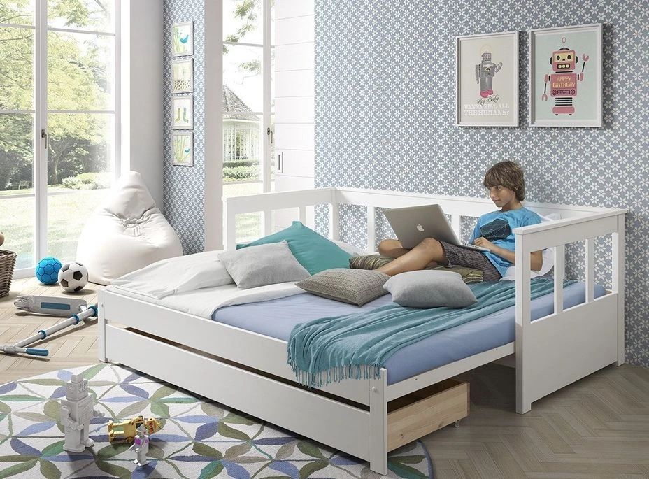 Lit Banquette Gigogne Extensible 90x200 Cm Pin Massif Blanc Pinie – Image 5