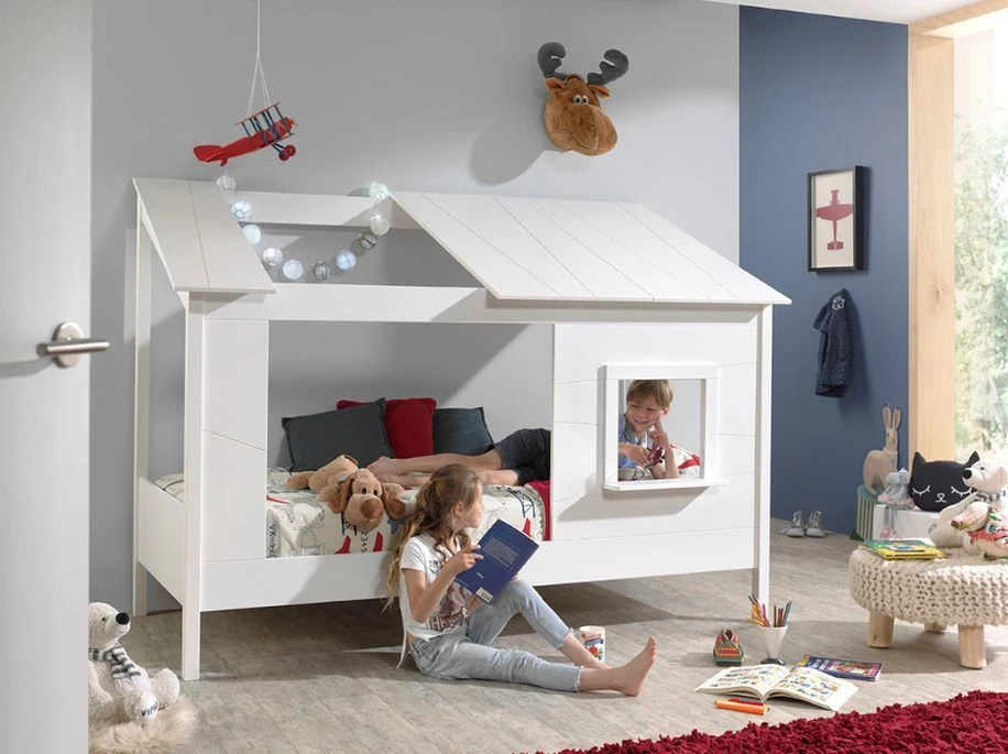 Lit Cabane 90x200 Cm Avec Matelas Et Sommier Pin Massif Blanc Avec Fenêtre Parade – Image 2