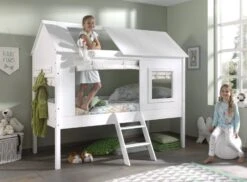 Lit Cabane 90x200 Cm Avec Rideau Pin Massif Blanc Charlotte