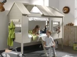 Lit Cabane 90x200 Cm Avec Rideau Pin Massif Gris Et Taupe Charlotte