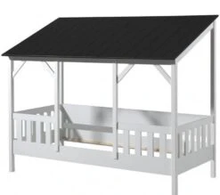 Lit Cabane 90x200 Cm Et Sommier Pin Massif Blanc Toit Noir Mila