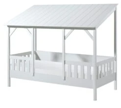 Lit Cabane 90x200 Cm Et Sommier Pin Massif Toit Blanc Mila