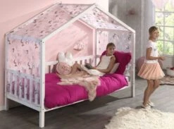 Lit Cabane Avec Voile 90x200 Cm Pin Massif Blanc Bali