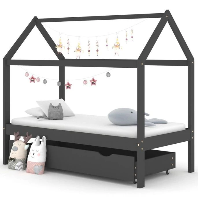Lit Cabane Enfant Avec Un Tiroir Gris Foncé Pin 80x160 Cm
