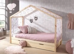 Lit Cabane Gigogne 90x200 Cm Avec Voile Pin Massif Clair Kobi