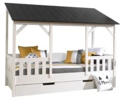 Lit Cabane Gigogne 90x200 Cm Pin Massif Blanc Toit Noir Henri
