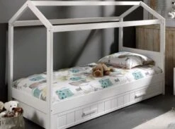 Lit Cabane Gigogne 90x200 Cm Pin Massif Laqué Blanc Erik