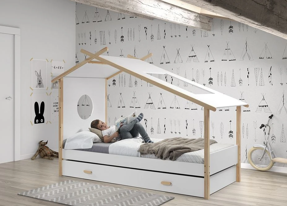 Lit Cabane Gigogne Pin Massif Clair Et Blanc Coconi 90x200 Cm – Image 4