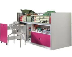 Lit Combiné 90x200 Cm Avec Sommier 1 Bureau 2 Portes Bois Blanc Et Fuchsia Bonny