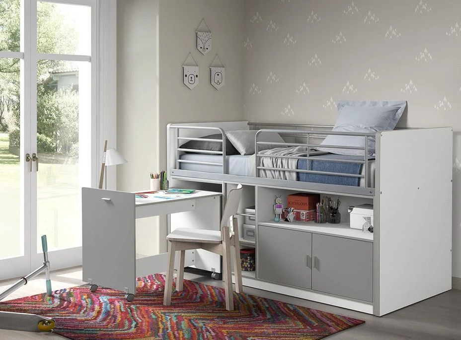 Lit Combiné 90x200 Cm Avec Sommier 1 Bureau 2 Portes Bois Blanc Et Gris Bonny – Image 2
