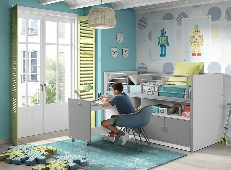 Lit Combiné 90x200 Cm Avec Sommier 1 Bureau 2 Portes Bois Blanc Et Gris Bonny – Image 3