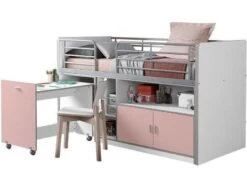 Lit Combiné 90x200 Cm Avec Sommier 1 Bureau 2 Portes Bois Blanc Et Rose Bonny