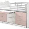 Lit Combiné 90x200 Cm Avec Sommier 1 Bureau 3 Tiroirs Bois Blanc Et Rose Bonny