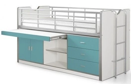 Lit Combiné 90x200 Cm Avec Sommier 1 Bureau 3 Tiroirs Bois Blanc Et Turquoise Bonny