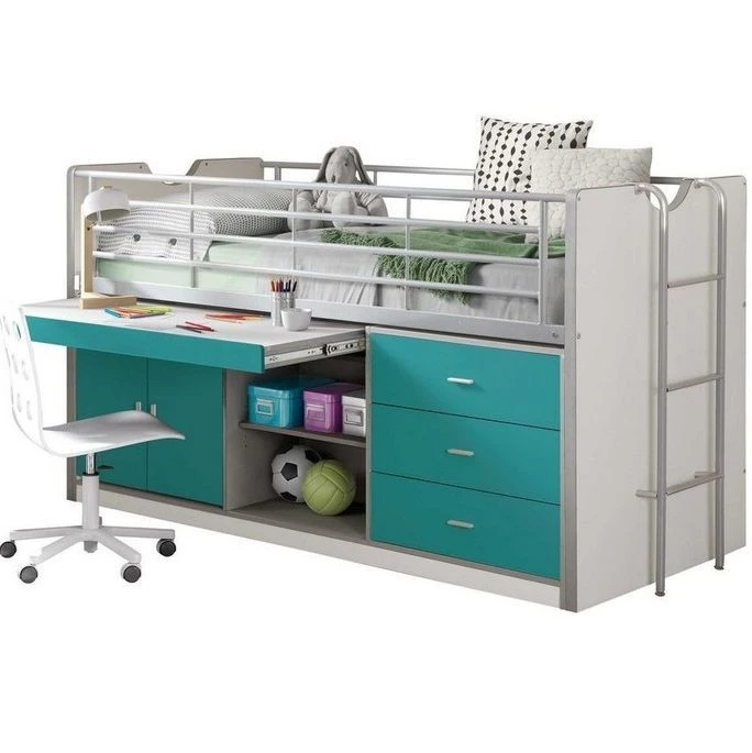 Lit Combiné 90x200 Cm Avec Sommier 1 Bureau 3 Tiroirs Bois Blanc Et Turquoise Bonny – Image 2