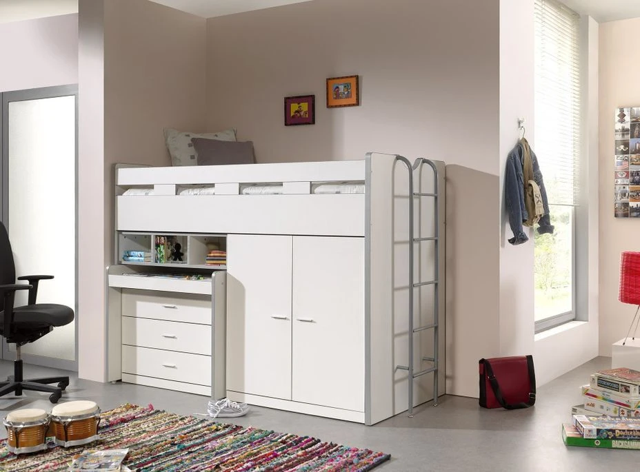 Lit Combiné 90x200 Cm Avec Sommier 3 Tiroirs 2 Portes Bois Blanc Bonny 90x200 Cm – Image 2