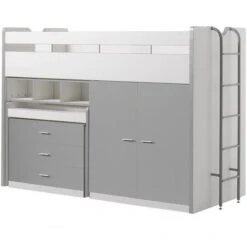 Lit Combiné 90x200 Cm Avec Sommier 3 Tiroirs 2 Portes Bois Blanc Et Gris Bonny