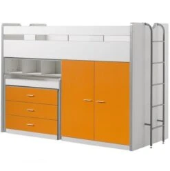 Lit Combiné 90x200 Cm Avec Sommier 3 Tiroirs 2 Portes Bois Blanc Et Orange Bonny