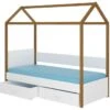 Lit Enfant Cabane Bois Pin Aulne Et Bois Gris Clair 90x200 Cm Avec 2 Tiroirs De Rangement Forka