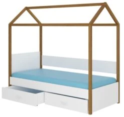 Lit Enfant Cabane Bois Pin Aulne Et Bois Gris Clair 90x200 Cm Avec 2 Tiroirs De Rangement Forka