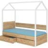 Lit Enfant Cabane Bois Pin Blanc Et Bois Oak 90x200 Cm Avec 2 Tiroirs De Rangement Forka