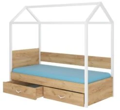 Lit Enfant Cabane Bois Pin Blanc Et Bois Oak 90x200 Cm Avec 2 Tiroirs De Rangement Forka