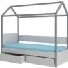 Lit Enfant Cabane Bois Pin Gris Graphite Et Gris Clair 90x200 Cm Avec 2 Tiroirs De Rangement Forka