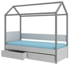 Lit Enfant Cabane Bois Pin Gris Graphite Et Gris Clair 90x200 Cm Avec 2 Tiroirs De Rangement Forka