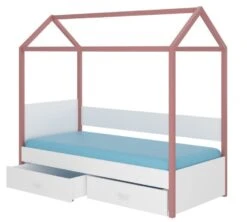 Lit Enfant Cabane Bois Pin Rose Et Bois Blanc 90x200 Cm Avec 2 Tiroirs De Rangement Forka