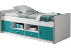 Lit Enfant Multi-rangement 90x200 Cm Bois Blanc Et Turquoise Bonny