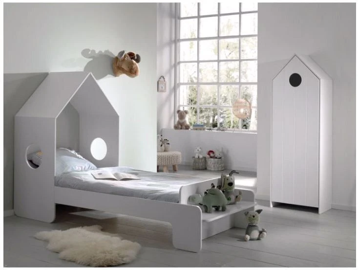 Lit Maison 70x140 Cm Avec Banc Bois Laqué Blanc Camila – Image 3