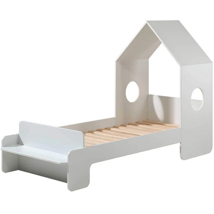 Lit Maison 70x140 Cm Avec Banc Bois Laqué Blanc Camila
