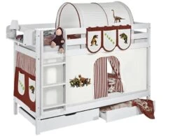 Lit Superposable Blanc Et Rideau Beige Et Marron Dinosaures 90x190 Cm