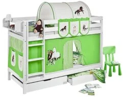 Lit Superposable Blanc Et Rideau Beige Et Vert Chevaux 90x190 Cm