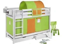 Lit Superposable Blanc Et Rideau Orange Et Vert Milo 90x190 Cm