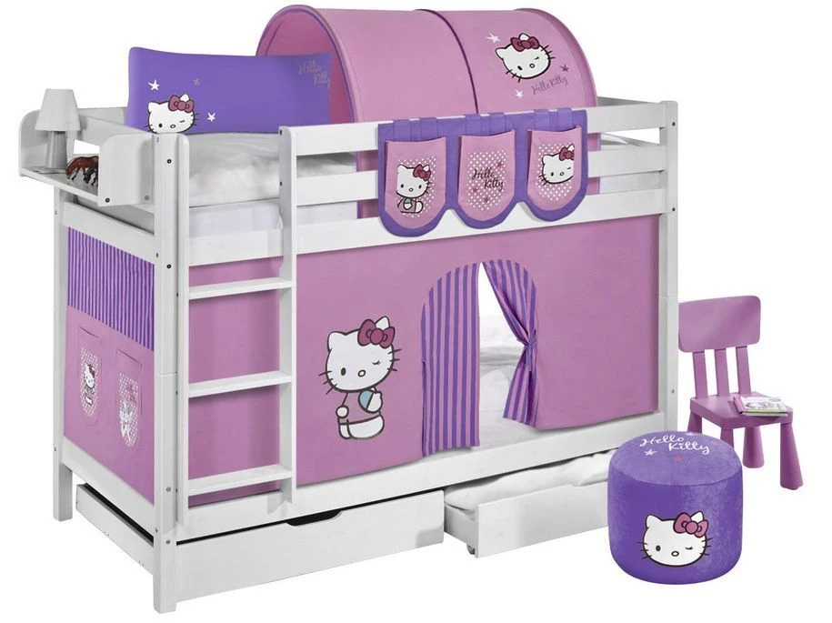 Lit Superposable Blanc Et Rideau Rose Hello Kitty 90x190 Cm