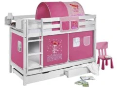 Lit Superposable Blanc Et Rideau Rose Petite Fée Rose 90x190cm