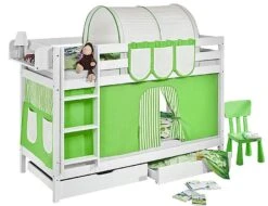 Lit Superposable Blanc Et Rideau Vert Et Beige Dorie 90x190 Cm