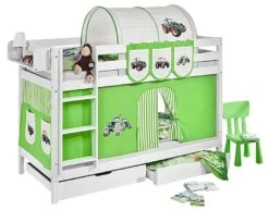 Lit Superposable Blanc Et Rideau Vert Tracteur 90x190 Cm