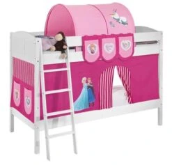 Lit Superposable Laqué Blanc Avec Rideau Rose Foncé Disney Reine Des Neiges 90x200 Cm