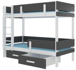 Lit Superposé 2 Niveaux Avec 2 Tiroirs De Rangement Blanc Et Gris Graphite 90x200 Cm Palko