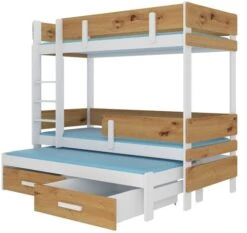 Lit Superposé 2 Niveaux Avec 2 Tiroirs De Rangement Bois Clair Oak Et Blanc 90x200 Cm Palko