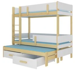 Lit Superposé 2 Niveaux Avec 2 Tiroirs De Rangement Bois De Pin Naturel Et Blanc 90x200 Cm Palko