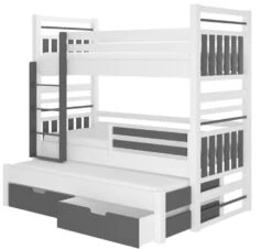 Lit Superposé 3 Couchages Avec 2 Tiroirs De Rangement Blanc Et Gris Graphite 90x200 Cm Niko