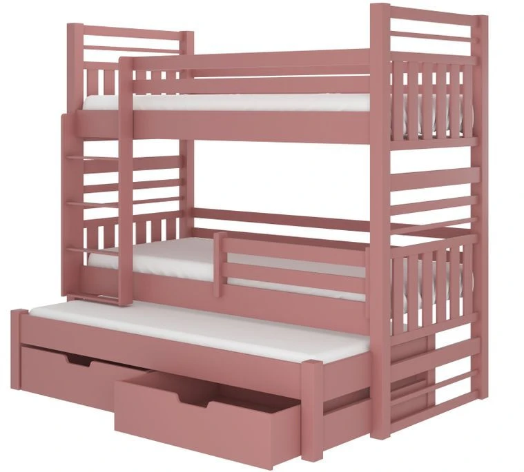 Lit Superposé 3 Couchages Avec 2 Tiroirs De Rangement Rose 90x200 Cm Niko