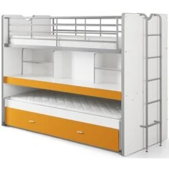 Lit Superposé 3 Places 90x200 Cm Bois Blanc Et Orange Bonny