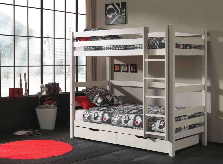 Lit Superposé 90x200 Cm Avec 2 Tiroirs Pin Massif Blanc Pino H 180 Cm – Image 3