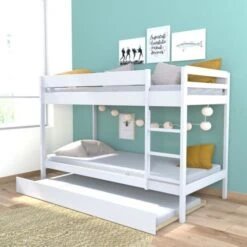 Lit Superposé Avec Tiroir Lit - 3 X 90 X 190 Cm - Bois Pin Massif - Blanc - Sommiers Inclus - WALLY