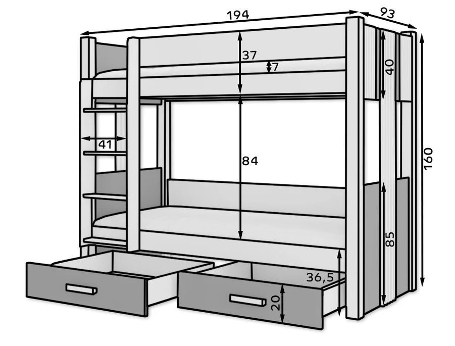 Lit Superposé Blanc 2 Couchages 80x180 Cm Ou 90x200 Cm Avec Tiroirs De Rangement Luka – Image 5